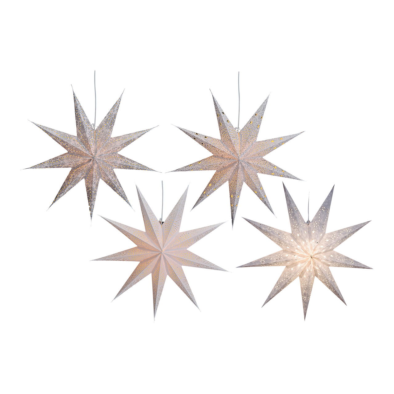 Illuminated paper star in white with 9 points, 2 assorted, 60 cm