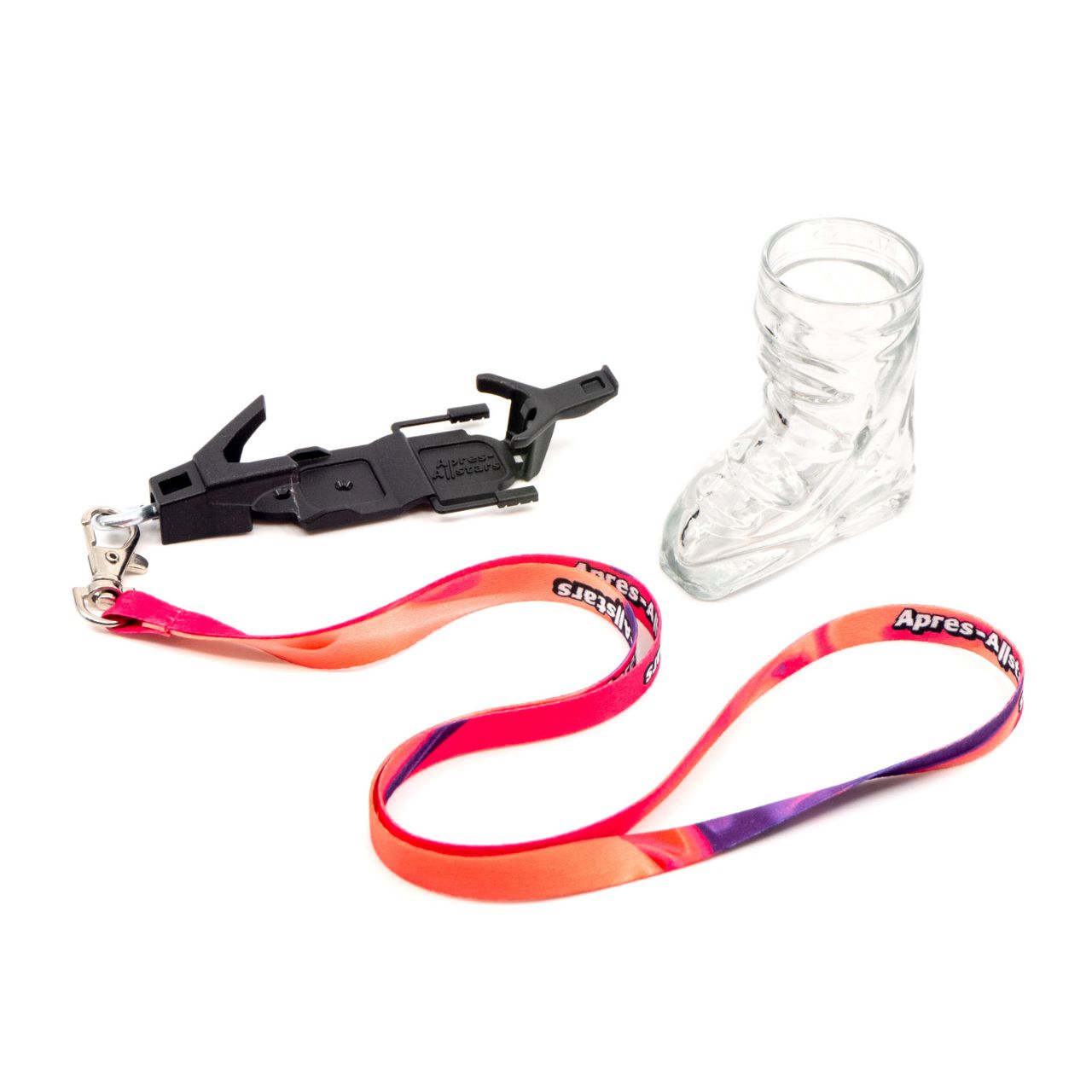 Apres-Allstars Skischuh Schnapsglas 4cl mit Bindung/Lanyards aus Glas, 12er-Set, Schwarz (B/H/T) 69x36x74mm/110x38x24mm