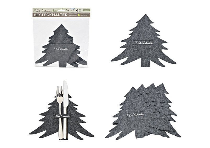 Bestekhouder set van 4, boom van vilt grijs, Vrolijk Kerstfeest, (B/H) 19x23cm
