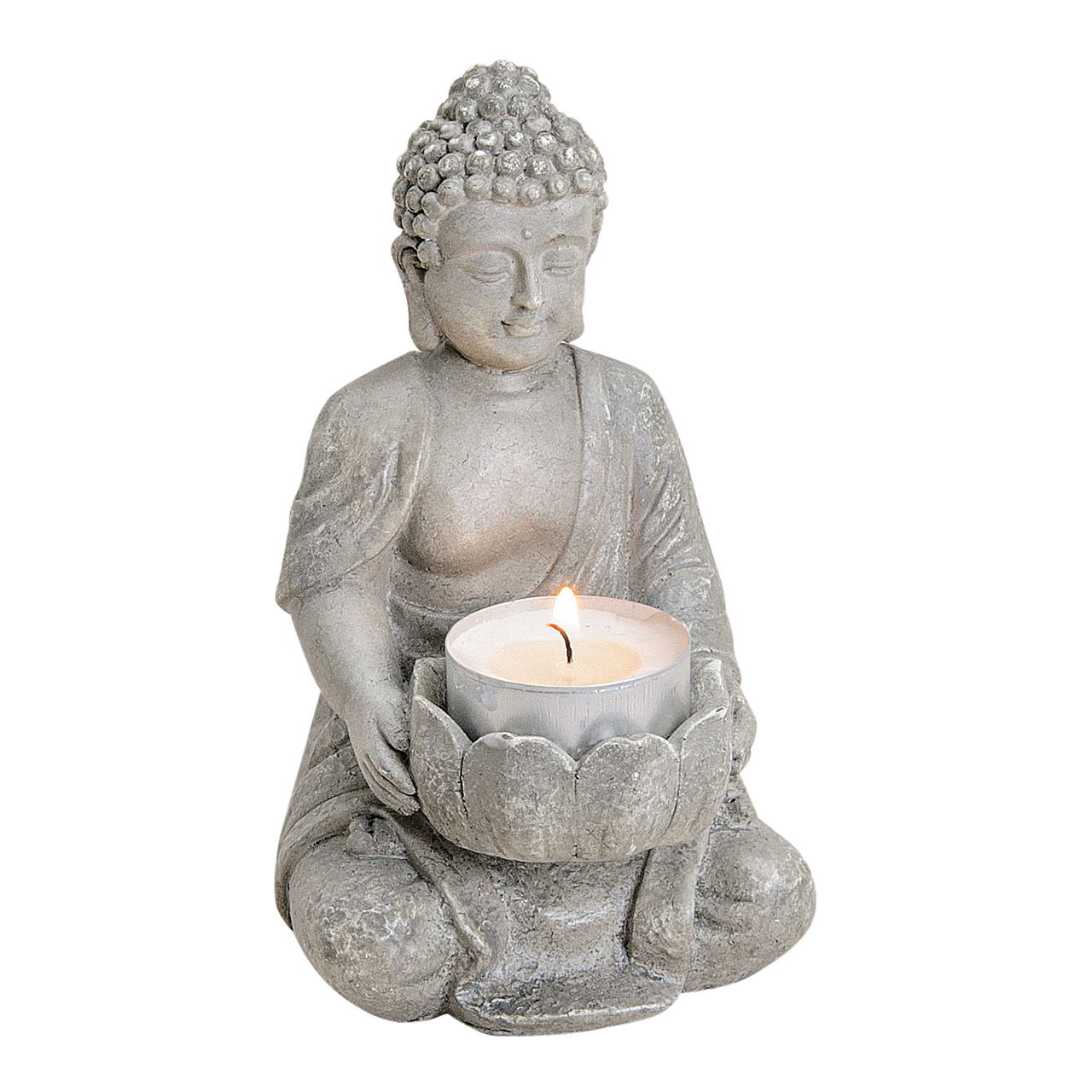 Bouddha avec porte-bougie à chauffe-plat gris en poly, L9 x P8 x H14 cm Kunst, Person, Gebet, Gesicht, Kerze