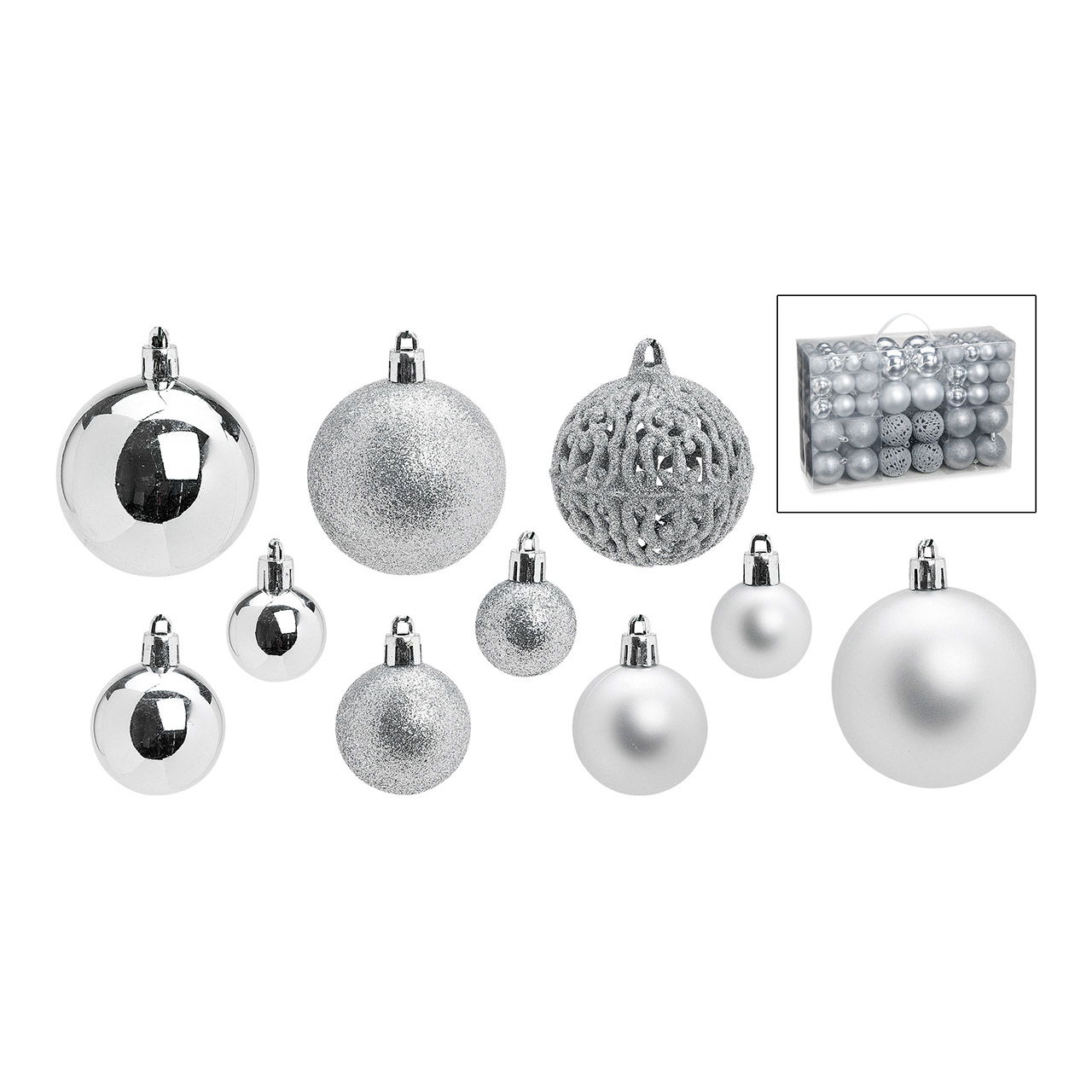 Plastic kerstballen, set van 100, zilver Ø3/4/6cm (B/H/D) 23x35x12cm