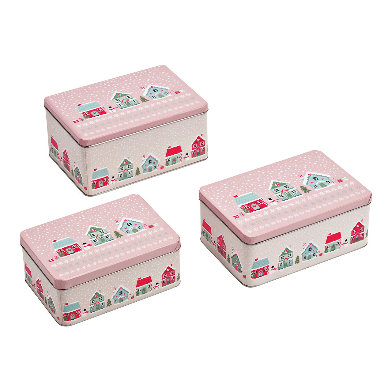 Dosen-Set eckig Stadthaus im Winter 3-er Set, aus Metall pink/rosa (B/H/T) 21x15x9cm, 19x13x8cm, 17x12x7cm Dosen-Set eckig Stadthaus im Winter 3-er Set, aus Metall pink/rosa (B/H/T) 21x15x9cm, 19x13x8cm, 17x12x7cm