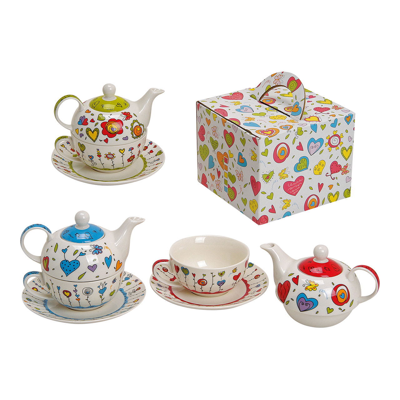 Teapot set with cup + plate Assorted porcelain, W17 x D13 cm