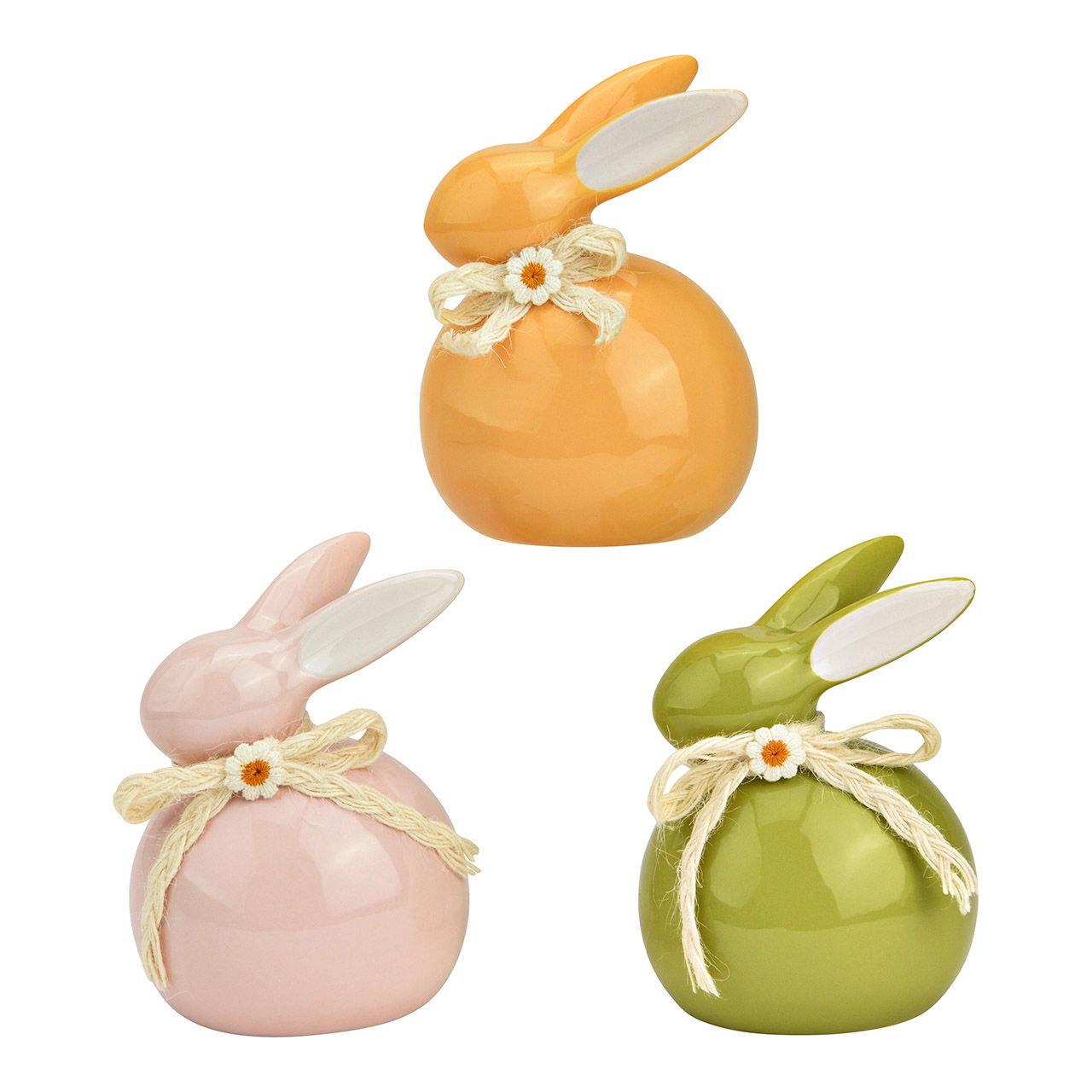 Hase mit Schleife aus Keramik, 3-fach, Gelb/Rosa/Grün (B/H/T) 8x11x7cm