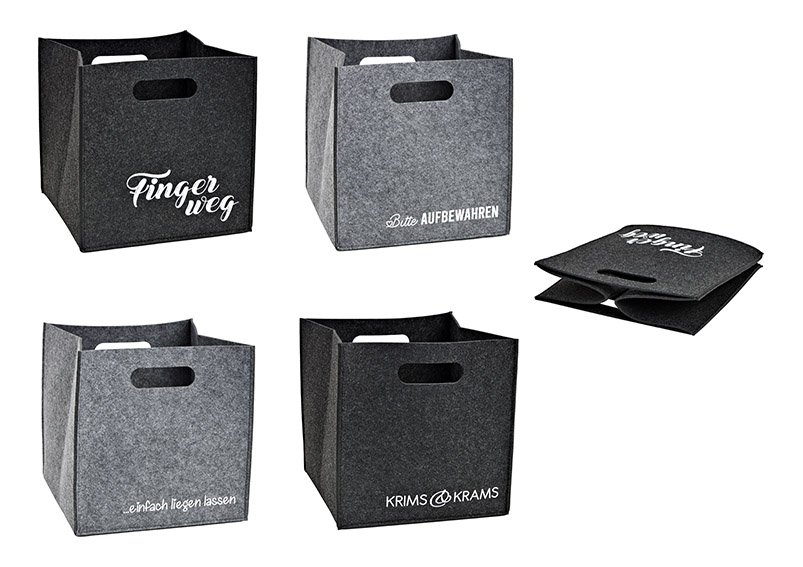 Boîte de rangement avec slogans en feutre gris 4 compartiments, (L/H/P) 28x28x28cm