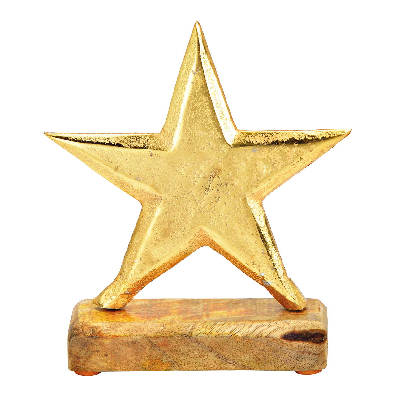 Estrella sobre base de madera de mango, metal, oro (A/H/D) 15x17x5cm