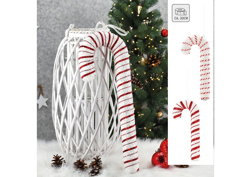 Colgante decorativo bastón de caramelo, 2 pliegues, 30cmH poliestireno, 2 diseños rojos y blancos surtidos, etiqueta colgante 10x30x3cm