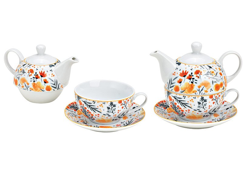 Teapot set flowers decor porcelain colorful set of 3, (W/H/D) 16x15x15cm 400/200ml