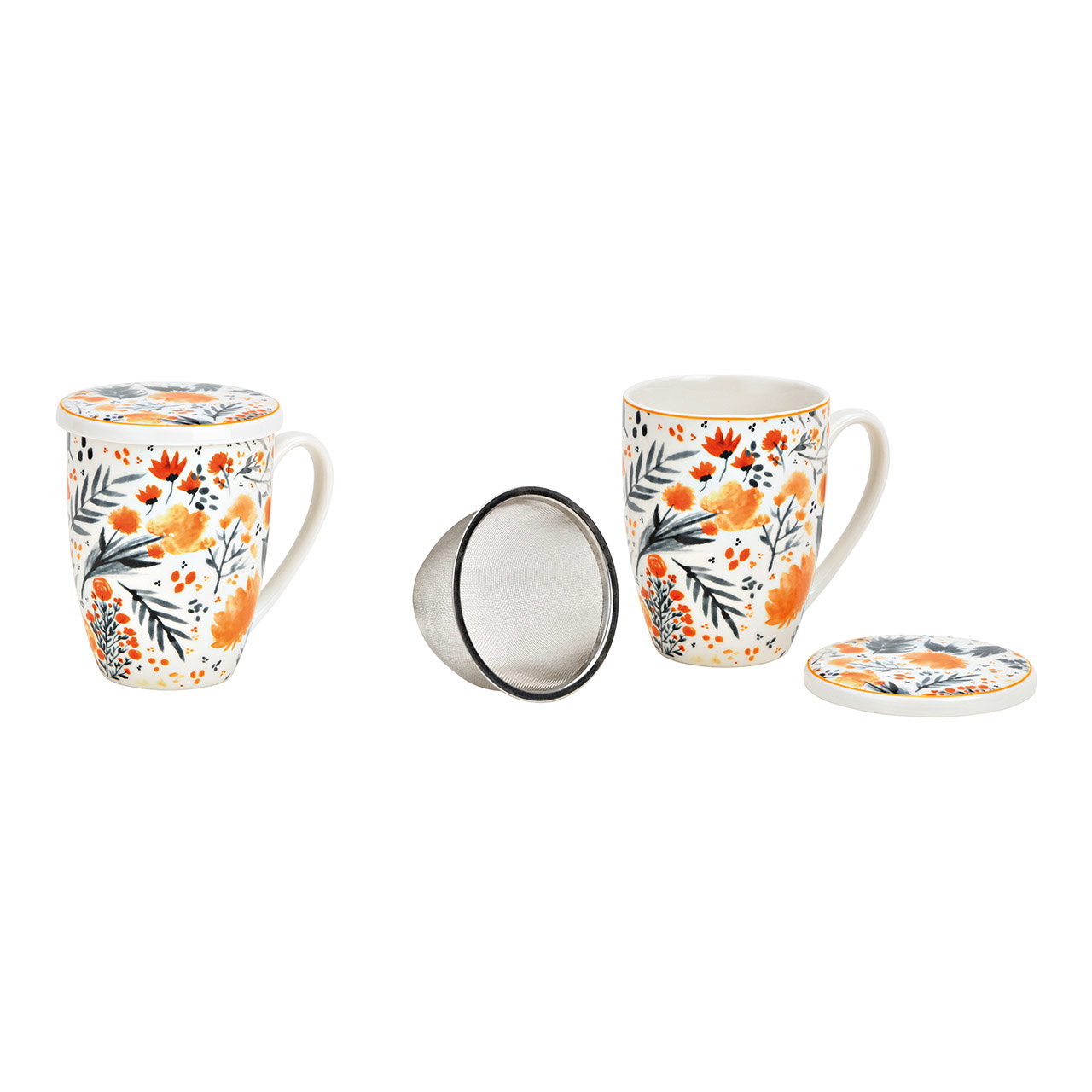 Taza de té decoración floral, con colador metálico de porcelana coloreada (A/A/P) 12x11x9cm 300ml Taza de té decoración floral, con colador metálico de porcelana coloreada (A/A/P) 12x11x9cm 300ml