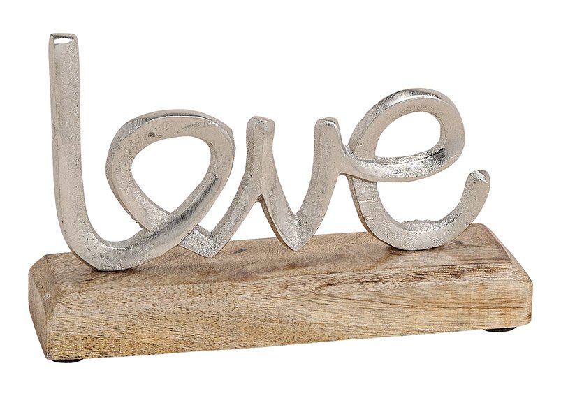 Lettering, love, metal on mango wood base, silver brown color, 17x12x5cm