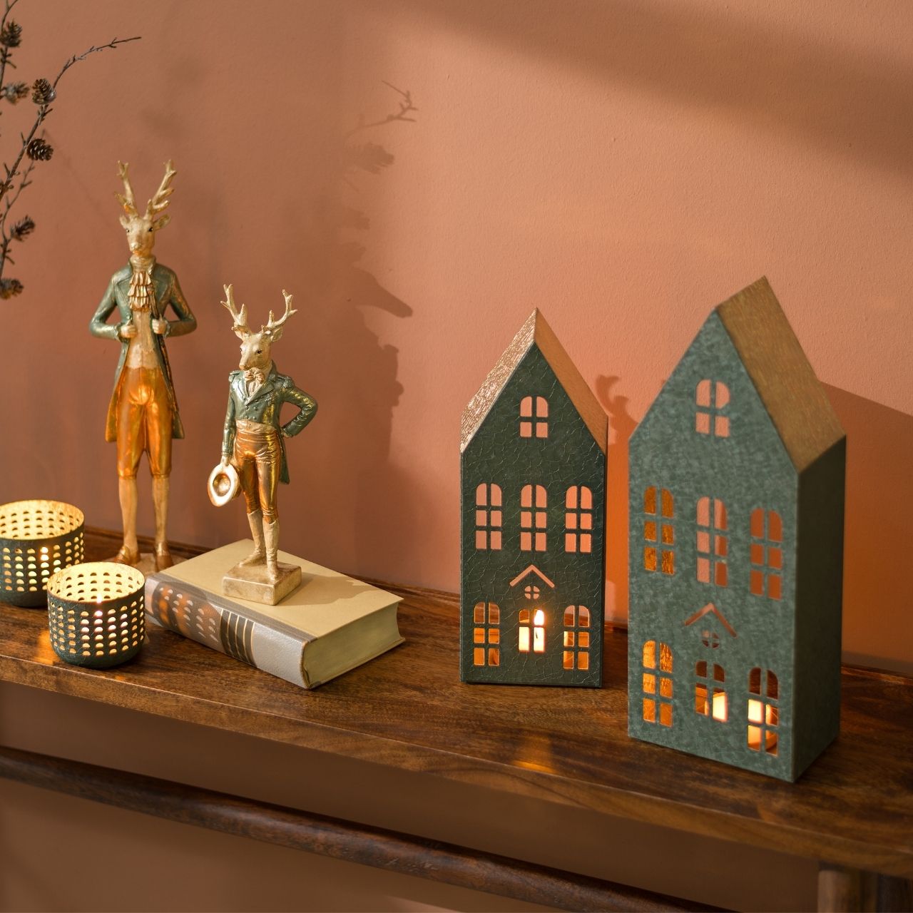 Lysestage i form af et hus, af metal, grøn (B/H/D) 15x41x10 cm Dekoration, Miniaturhäuser, Lichterhäuser, Figuren, Kamindekor