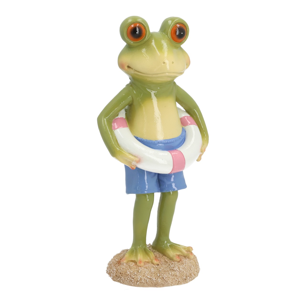 Frosch Figur, Kleintierfigur, Rettungsring, Sommerfarben, sandiger Sockel