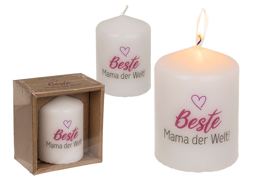 Pillar candle, Beste Mama der Welt, in wax kraft paper wrapping white (w/h/d) 6x8x6cm