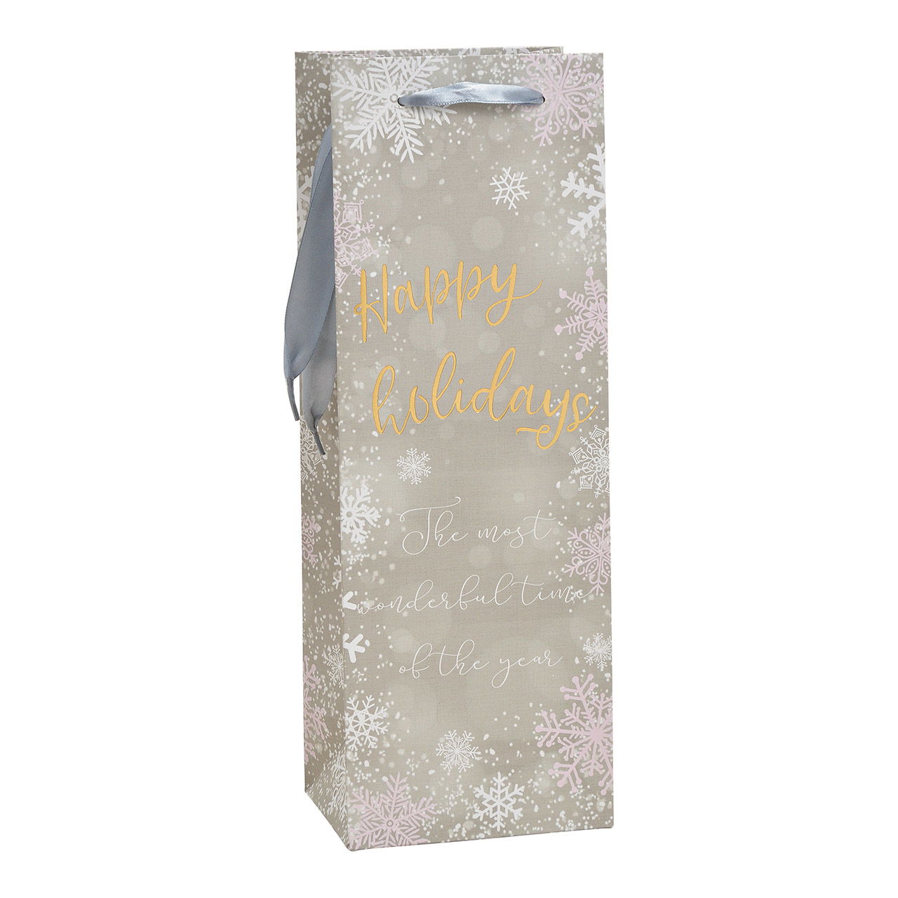 Bottiglia borsa Happy Holiday decorazione in carta/cartone argento (w/h/d) 12x35x9cm