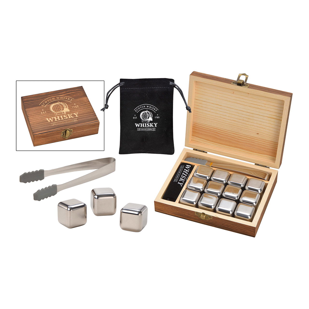 Whisky glaçon set de 12 cubes en acier inoxydable 2,7cm, 12 cubes, pince + sac en velours inclus, dans une boîte en bois