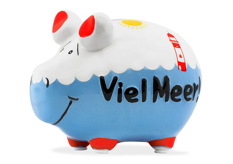 Salvadanaio KCG Schweinchen, Geldsparschwein, Skulptur, Blau-Weiß, Motiv: Leuchtturm