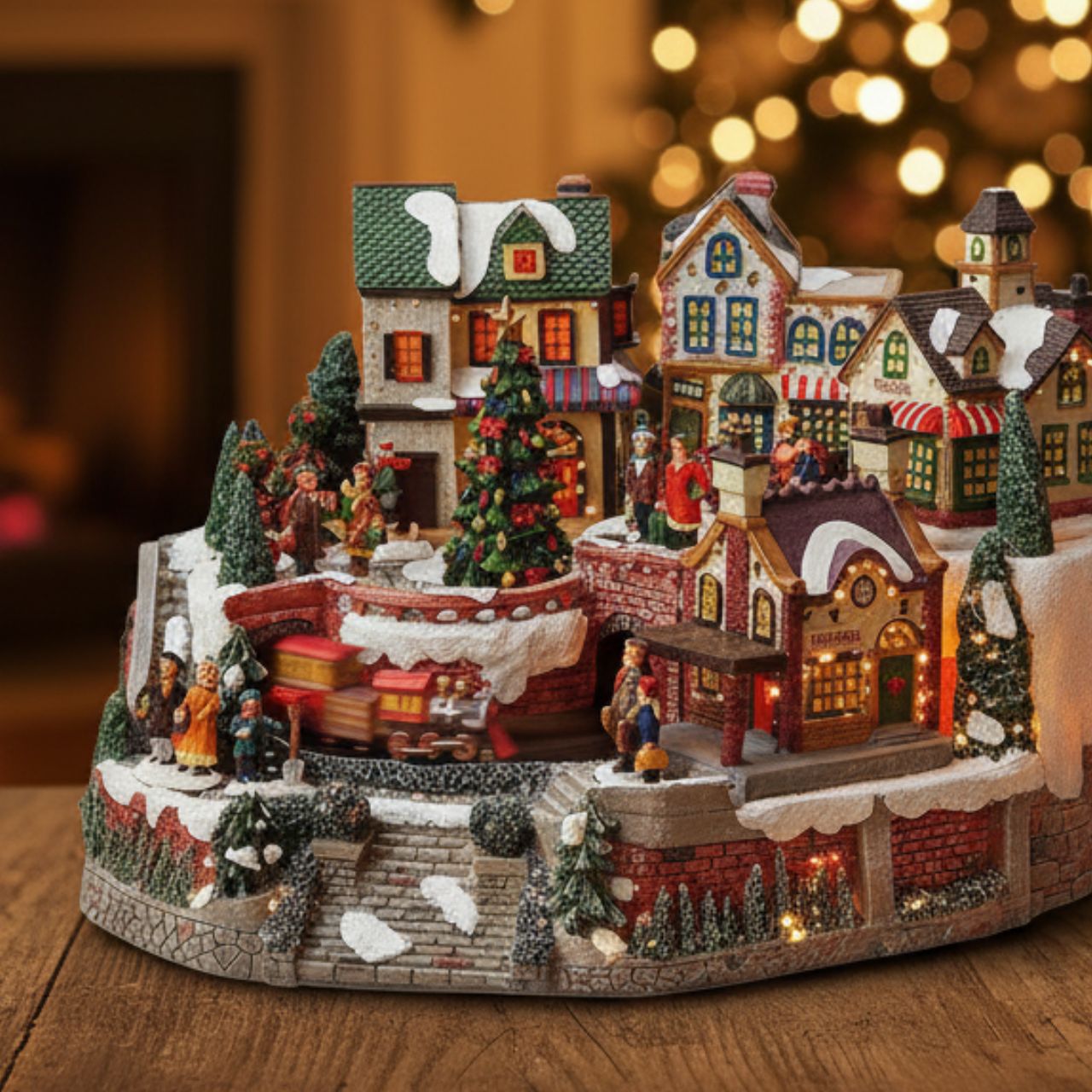 Winterdorf-Szene mit Licht, beweg. Zug aus Poly, B34 x T24 x H22 cm Christmastown, Schwibbogen, Diorama, Winterlandschaft, Figurenpark