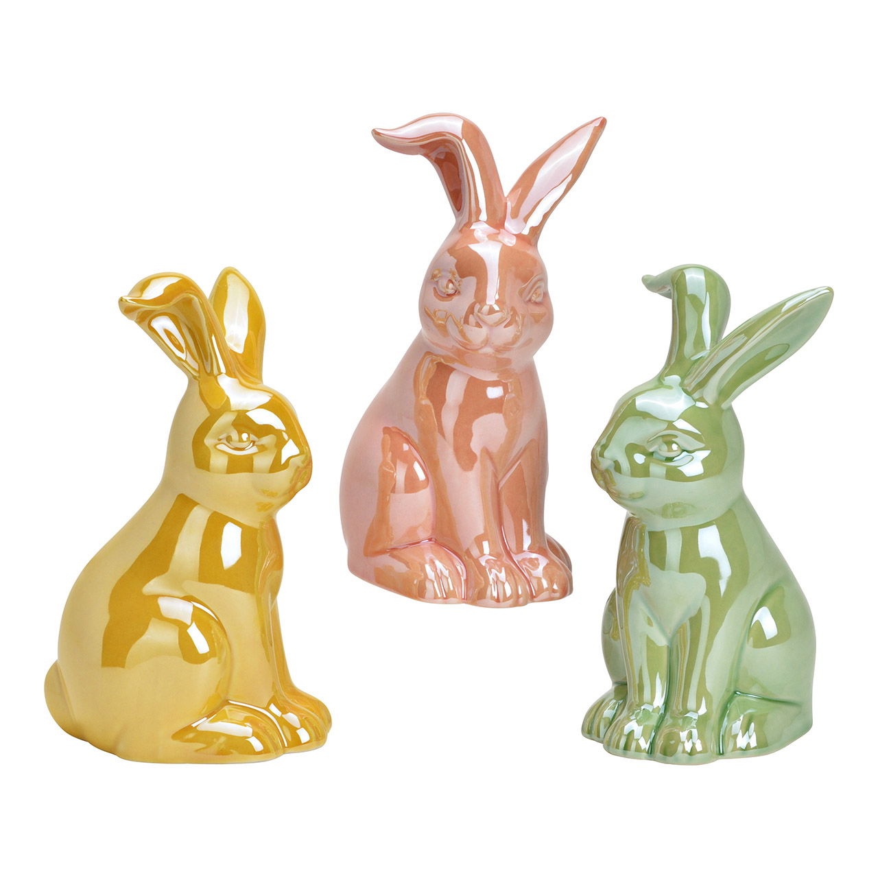 Figurine lapin brillant en porcelaine, triple, jaune/rose/vert (L/H/P) 10x17x9cm Figur, Spielzeug