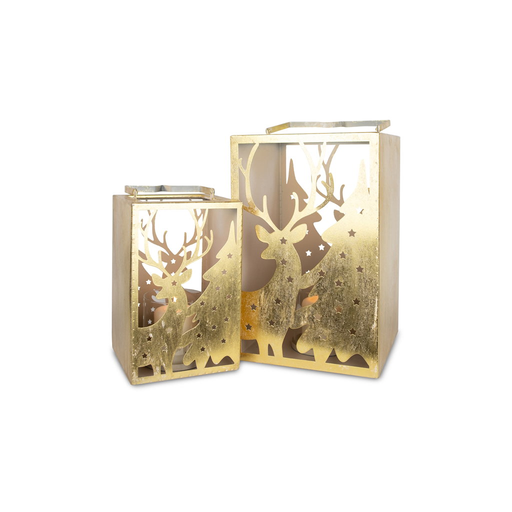 Lanterne Set 2 Cerf et Joyeux Noël, métal, 16x18x26.5 cm 24x22.5x37cm, 2 pcs/set, or, EAN-S : 4065557004969, EAN-L : 4065557004976 Lampe