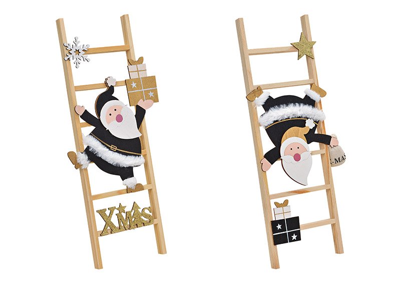 Papá Noel en escalera de madera natural, negro 2 veces (c/h/d) 18x45x3cm