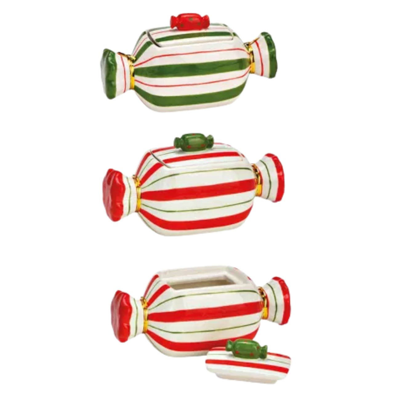 Scatola di caramelle in ceramica rossa, verde 2 pieghe, (L/H/D) 16x8x7cm candy jar, gestreifter Glasbehälter, Bonbontülle, Glasbehälter, rote grün gestreift