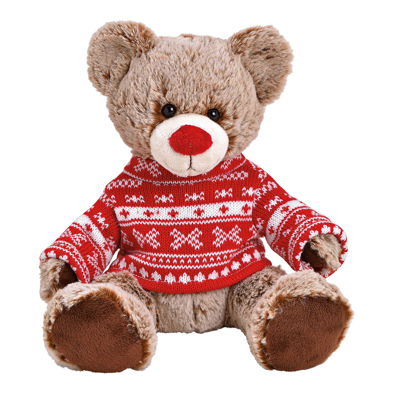 Ours en peluche brun, pull-over rouge en tricot (L/H/P) 22x24x20cm