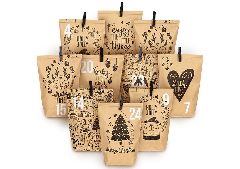 Advent calendar printed bags wrapping paper with black children's motifs with black paper/cardboard clips brown (W/H/D) 24x21x2cm