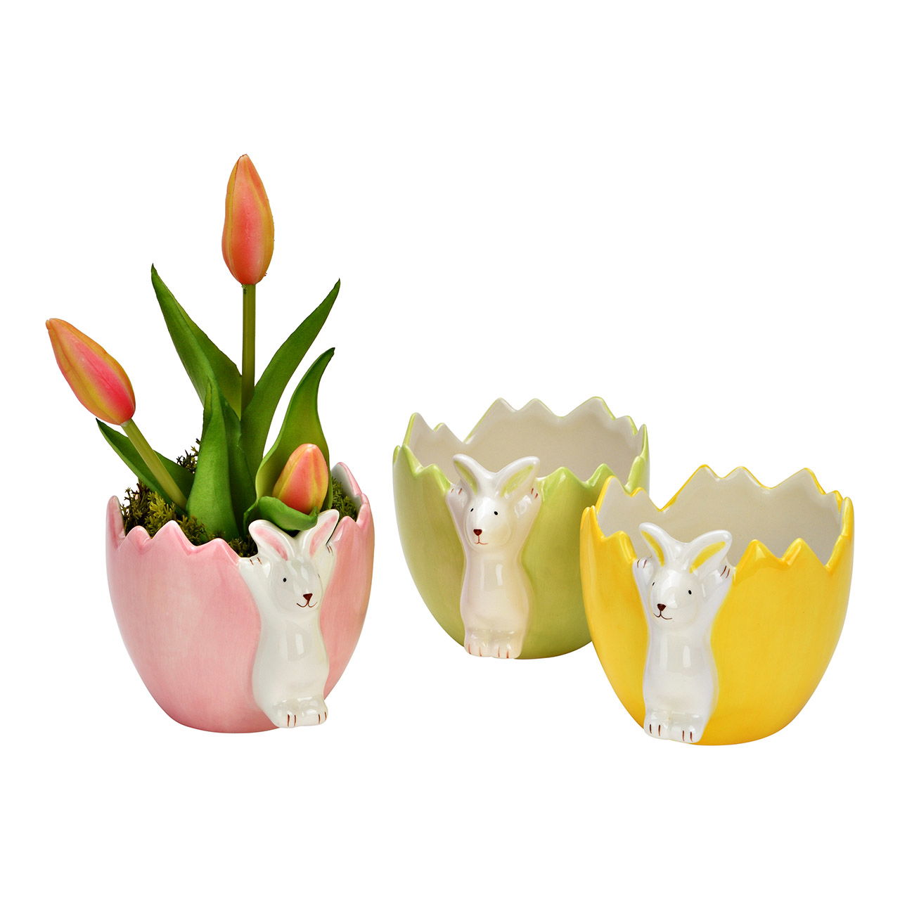 Oeufs de Pâques avec lapin en céramique, triple, jaune/vert/rose (L/H/P) 9x11x8cm Kunst, Porzellan, Töpferei, Schüssel