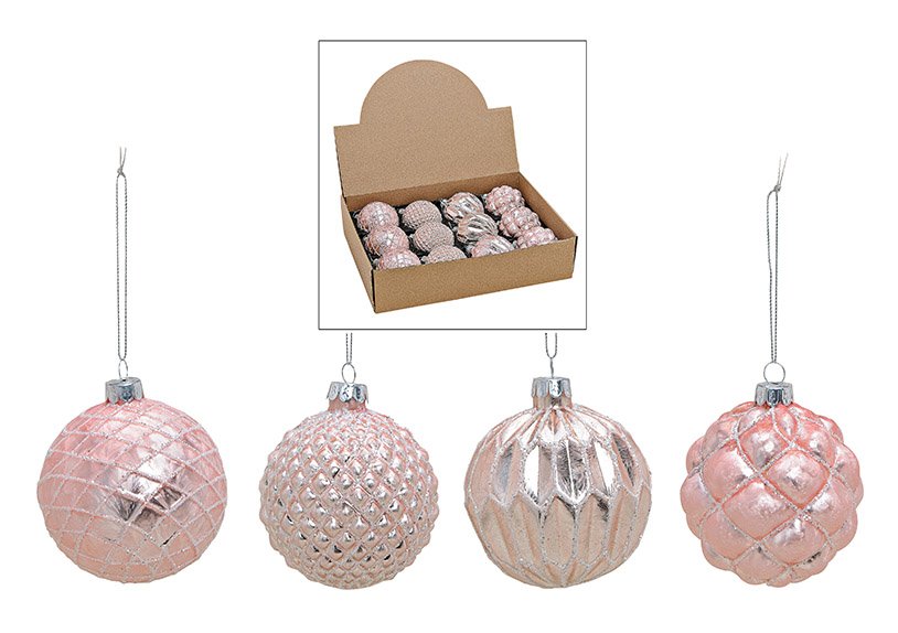Christmasball with glitter, pink silver color, 4 asst. 8x8x8cm
