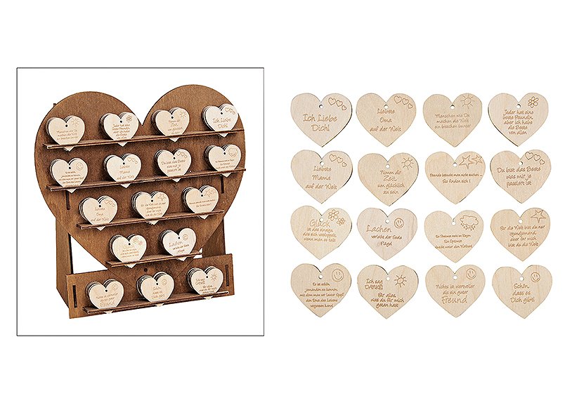 Hartendisplay met harten, gemaakt van hout, 16 assorti, B24 x D10 x H24 cm / B4 x H4 cm