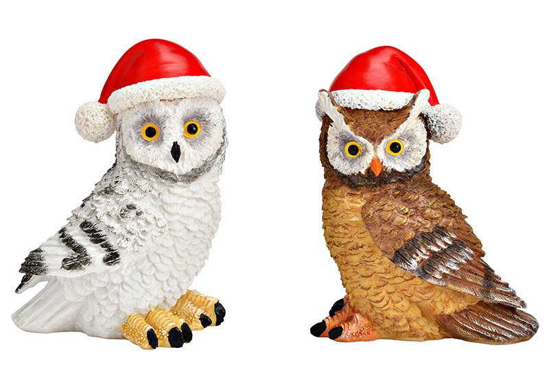 Owl with Christmas hat from poly brown, white 2-fold, (W/H/D) 7x9x5cm