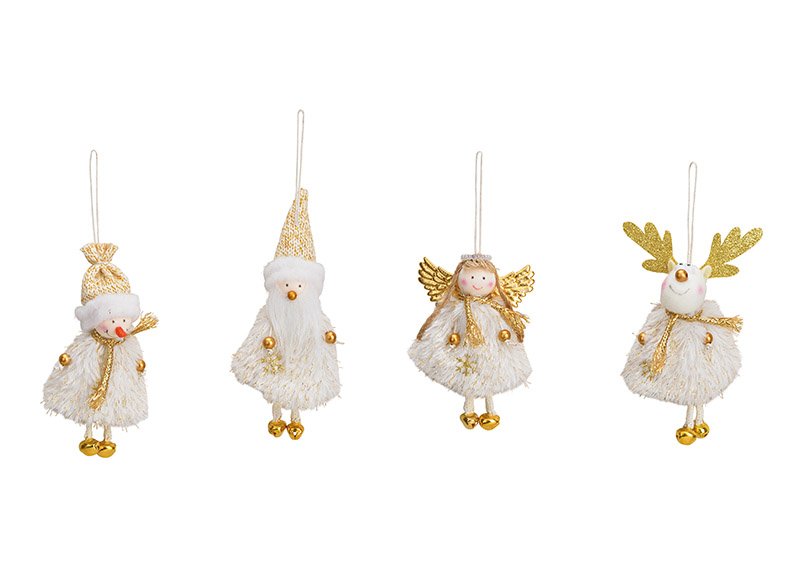 Appendino Babbo Natale, pupazzo di neve, alce, angelo, in tessuto bianco, oro 4 pieghe, (c/h/d) 6x12x3cm