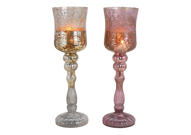 Glazen lantaarn champagne, roze 2-voudig, (w/h/d) 11x38x11cm