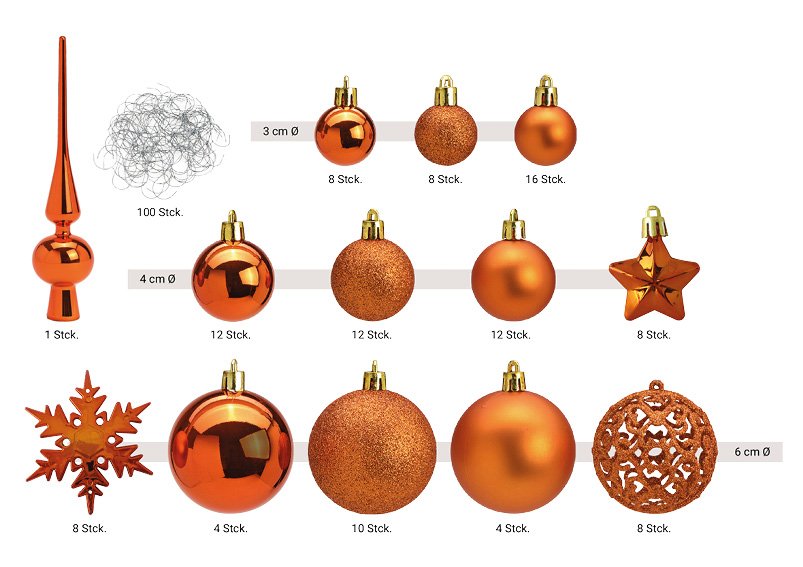 Set de boules de Noël en plastique Cuivre 111 pièces, (L/H/P) 35x23x12cm Ø3/4/6cm