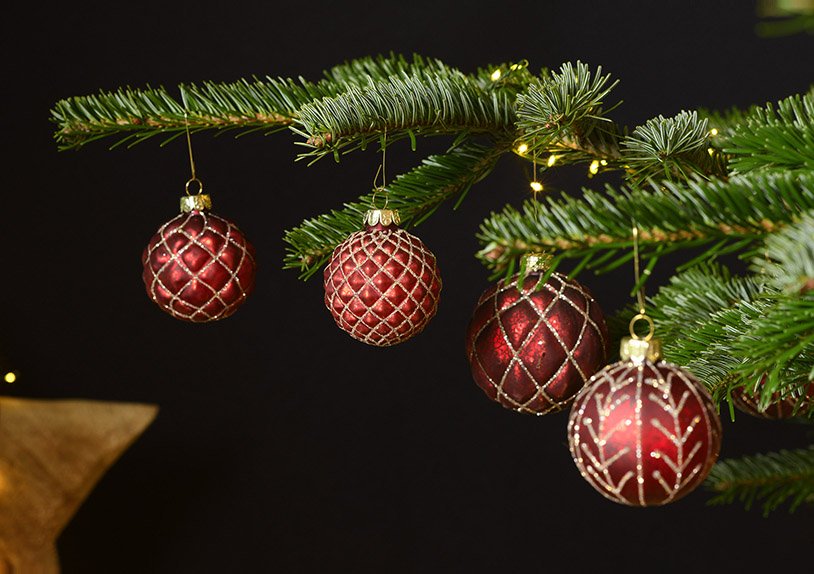 Bola de Navidad brillo de cristal rojo, dorado 4 veces, (c/h/d) 8x8x8cm
