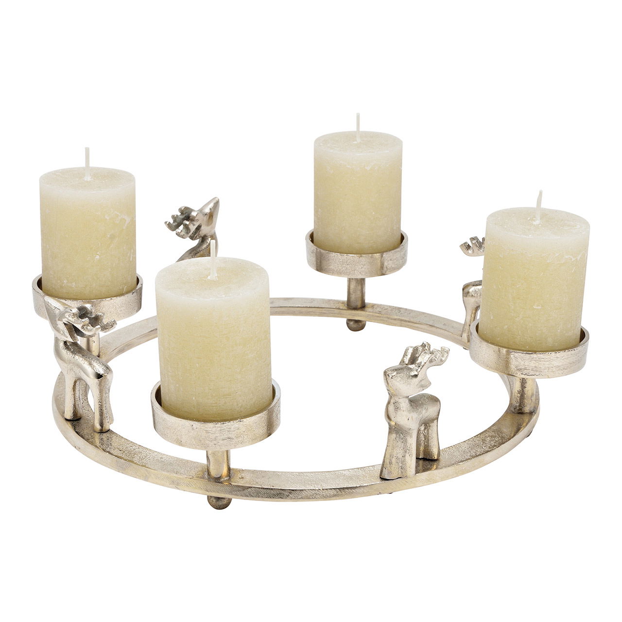 Adventskranz mit Hirsch Figuren aus Metall, Silber (B/H/T) 39x8x39cm Kerze