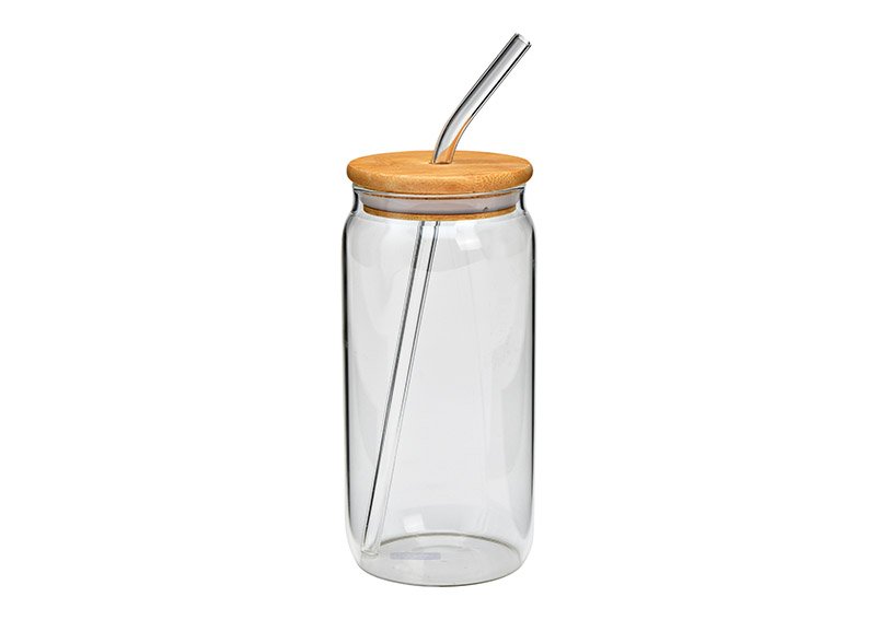 Drinking glass with bamboo lid and glass straw transparent (W/H/D) 8x16x8cm