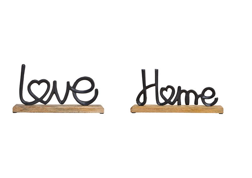 Aufsteller Schriftzug, Love, Home, auf Mangoholz Sockel aus Metall Schwarz (B/H/T) 33x18x5cm