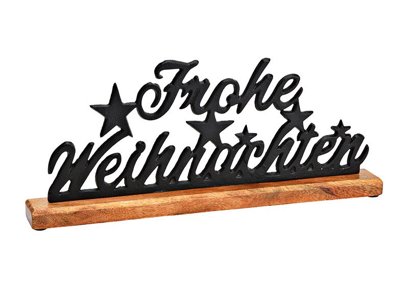 Stand lettering, Frohe Weihnachten on mango wood base of metal black (W/H/D) 44x18x5cm