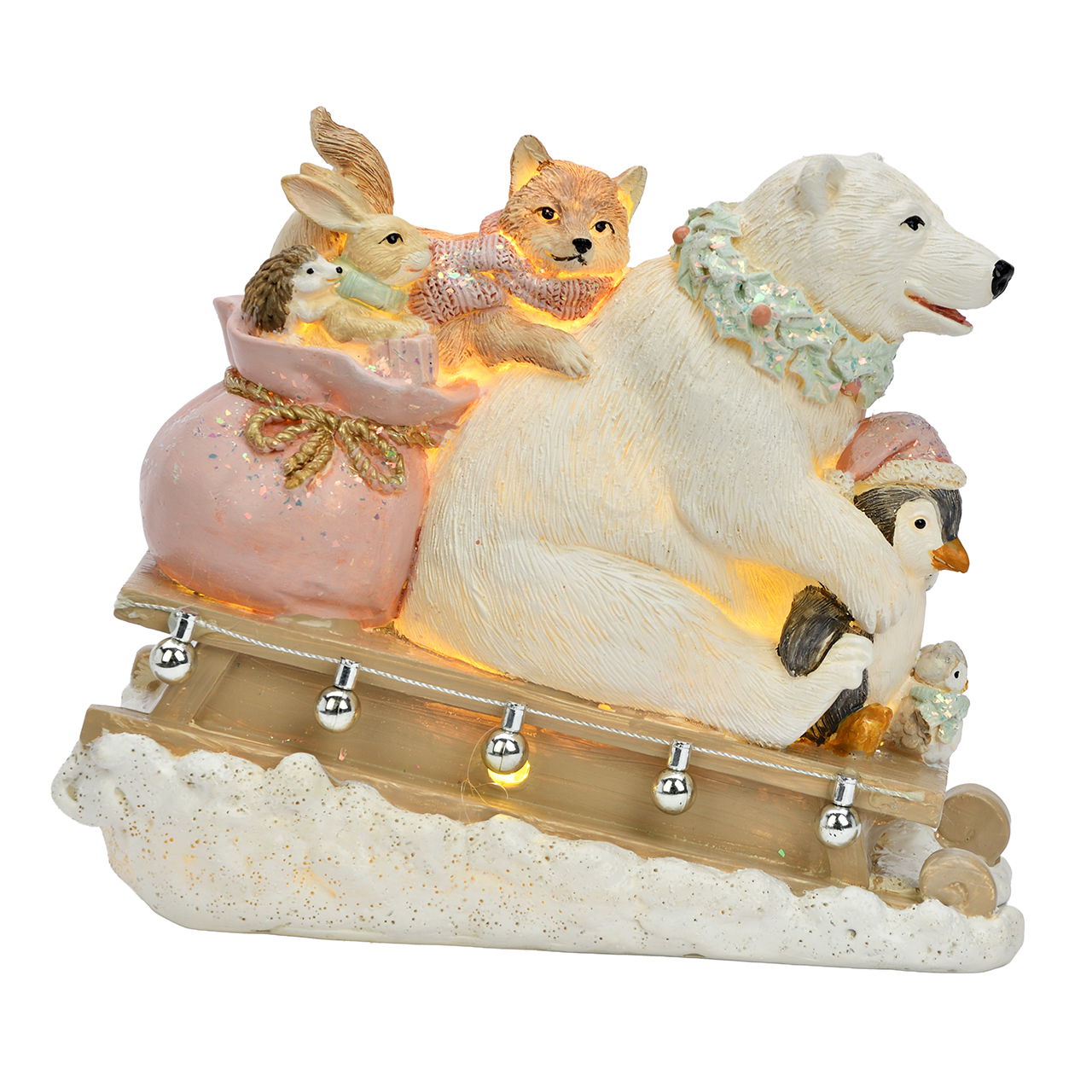 Animaux, ours sur traîneau avec LED en poly blanc (L/H/P) 16.5x13.5x8cm excl. 2xLR44 Figur