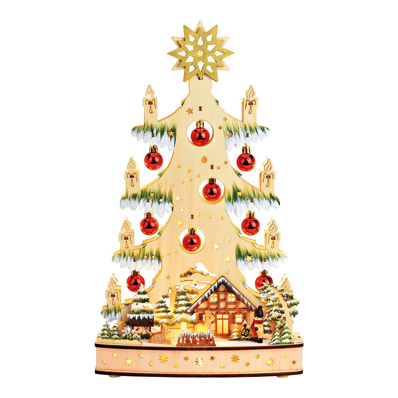 Aufsteller Tannenbaum mit Weihnachtskugel, mit LED, aus Holz natur (B/H/T) 27x45x9cm Batteriebetrieb 3xAA nicht enthalten, Doppelfunktion Batteriebox mit Timer