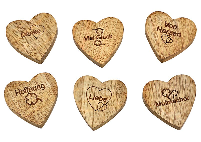Cœur avec mots, amour, merci, de tout cœur, bonne chance, encouragement, espoir, en bois de manguier naturel 6 fois, (L/H/P) 6x1x6cm