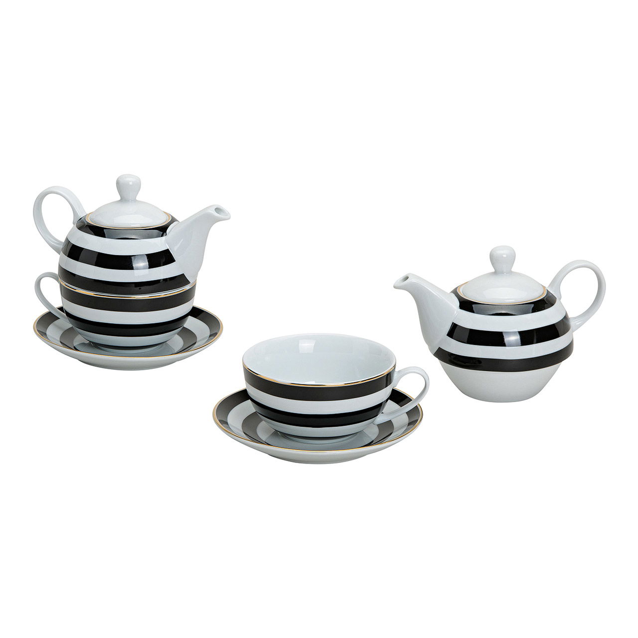 Teekannen-Set Streifen Dekoration aus Porzellan, gold, schwarz, weiß 3-teilig Teekannen-Set Streifen Dekoration aus Porzellan, gold, schwarz, weiß 3-teilig