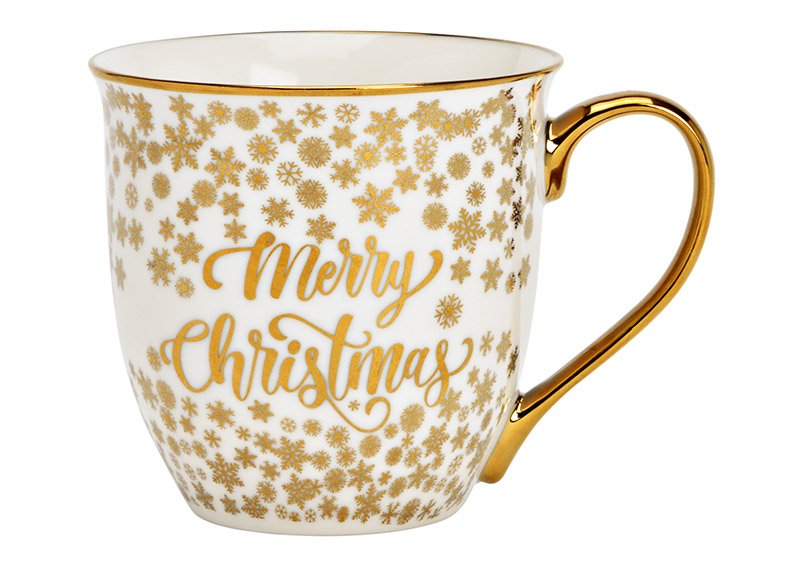 Jumbo mug Merry Christmas, décor flocon de neige, en porcelaine blanche, or (L/H/P) 14x11x11cm 560ml