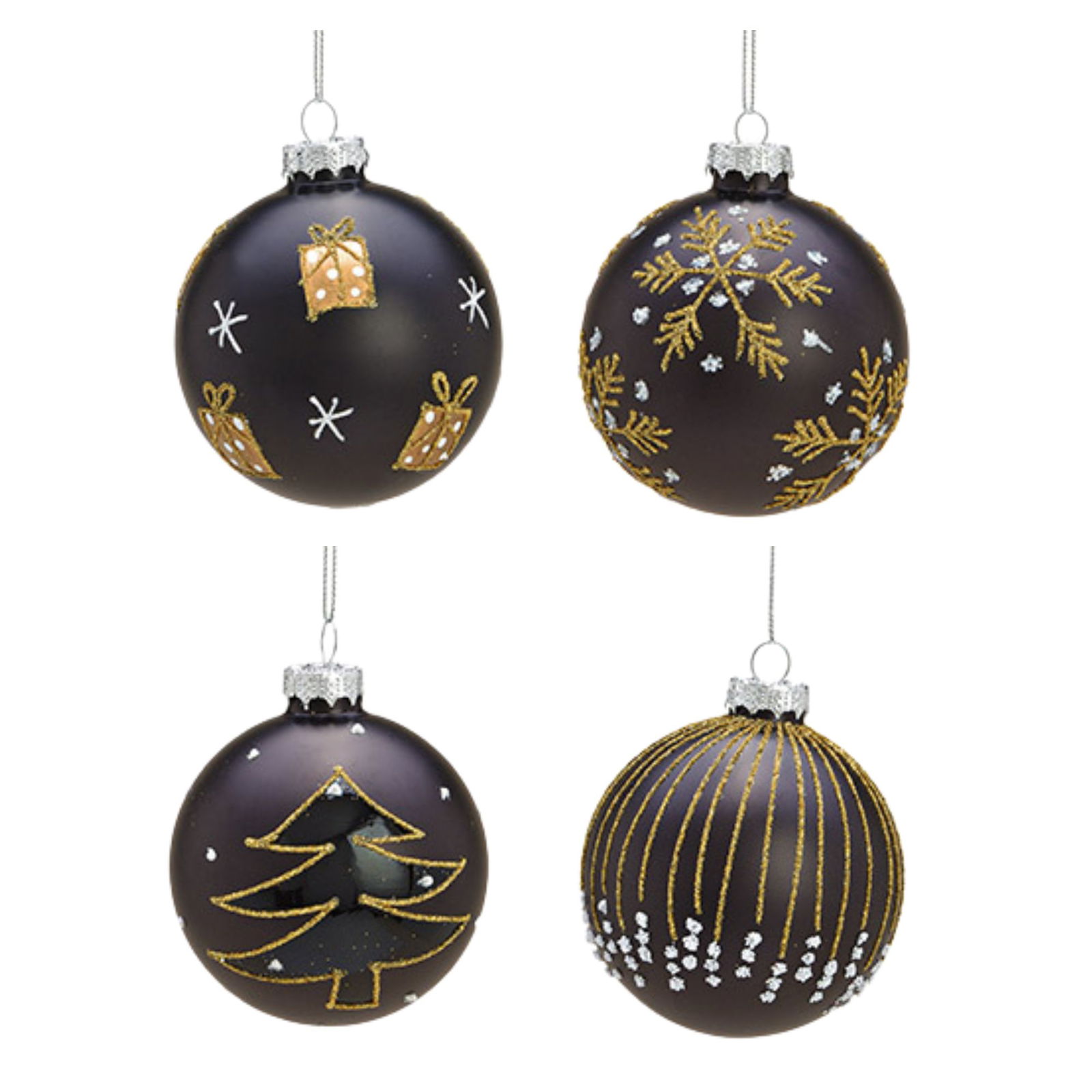 Weihnachtskugel Glitter Weihnachtsmotiv aus Glas, 4-fach, Schwarz/Gold Ø8cm Zubehör, Ohrring, Schmuck