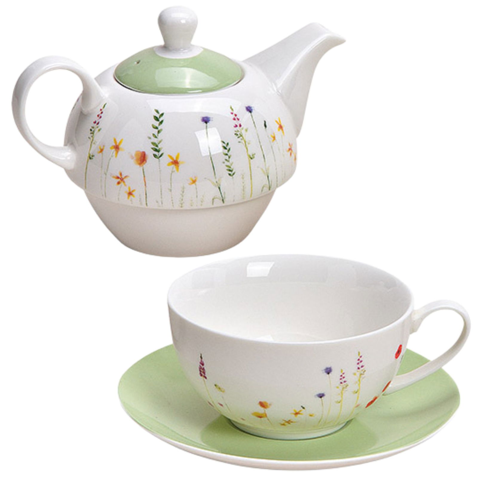 Teekannen Set Blumendekor aus Porzellan Weiß 3er Set, (B/H/T) 16x15x15cm 450ml, Tasse, 200ml Töpferei, Kochgeschirr, Topf, Teekanne, Porzellan