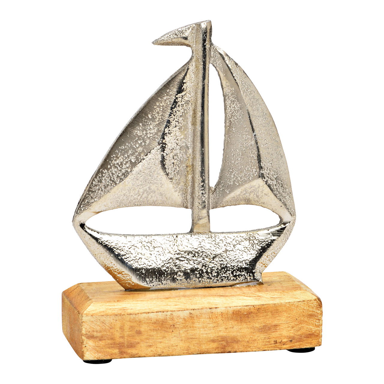 Présentoir bateau à voile sur socle en bois de manguier, en métal argenté (L/H/P) 10x13x5cm