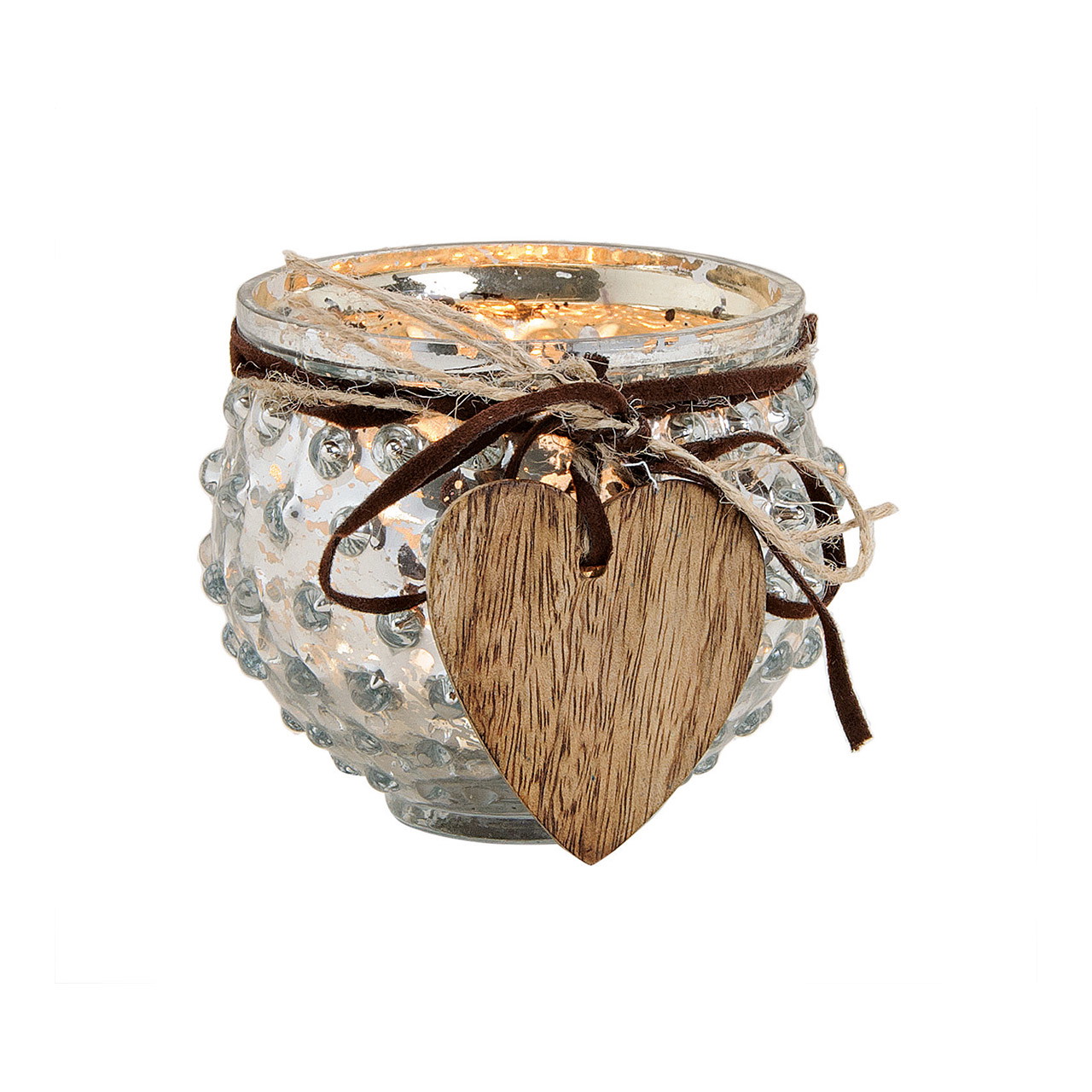 Windlicht aus Glas mit Holz Herz Anhänger silber (B/H/T) 9x8x9cm glas, Votivkerze, Kerzenhalter, Herzschmuck, strukturierte Glasoberfläche