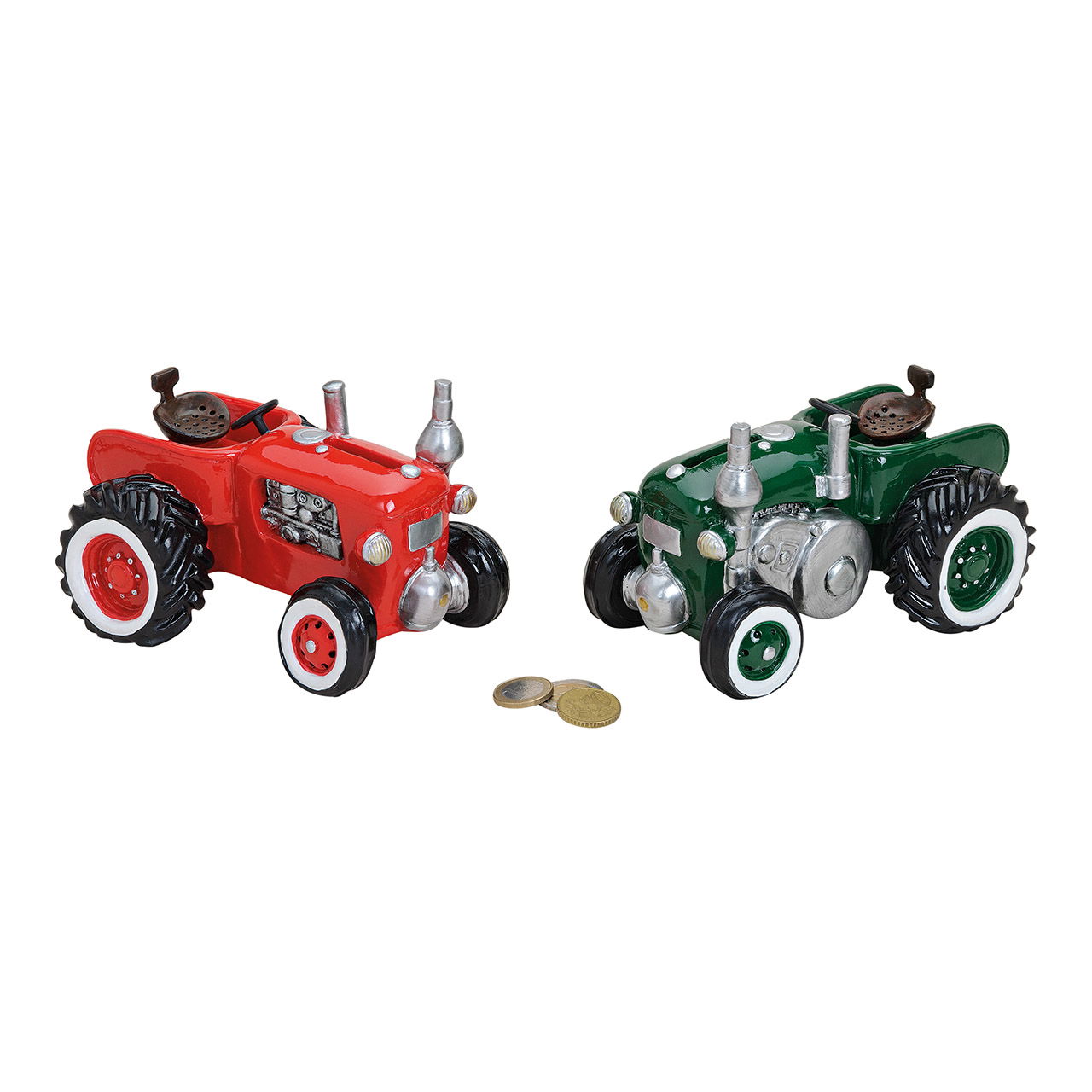 Tractor money box made of poly, 2 assorted, W16 x D11 x H11 cm