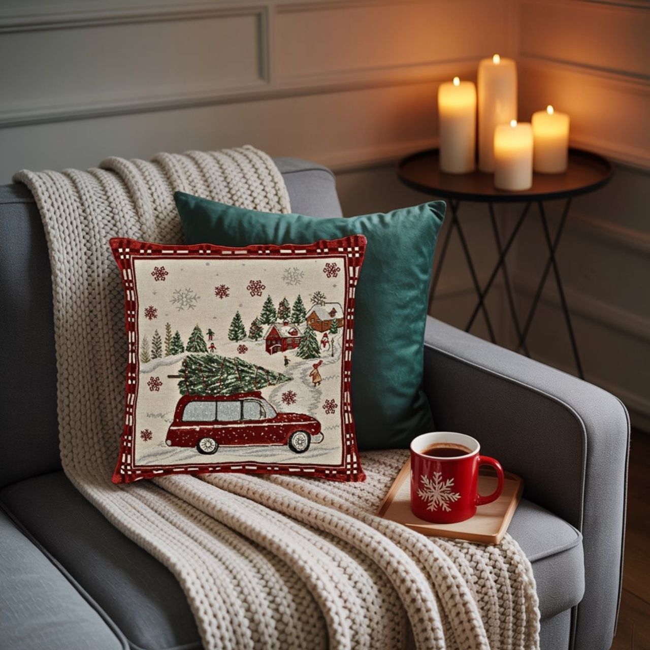 Funda de cojín Coche de Navidad de tela, beige/rojo (A/A) 45x45cm con cremallera